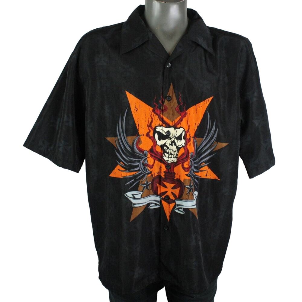 Y2K Skull Iron Cross Button Up Shirt Mens XL Black Goth Biker Graphic 2000s